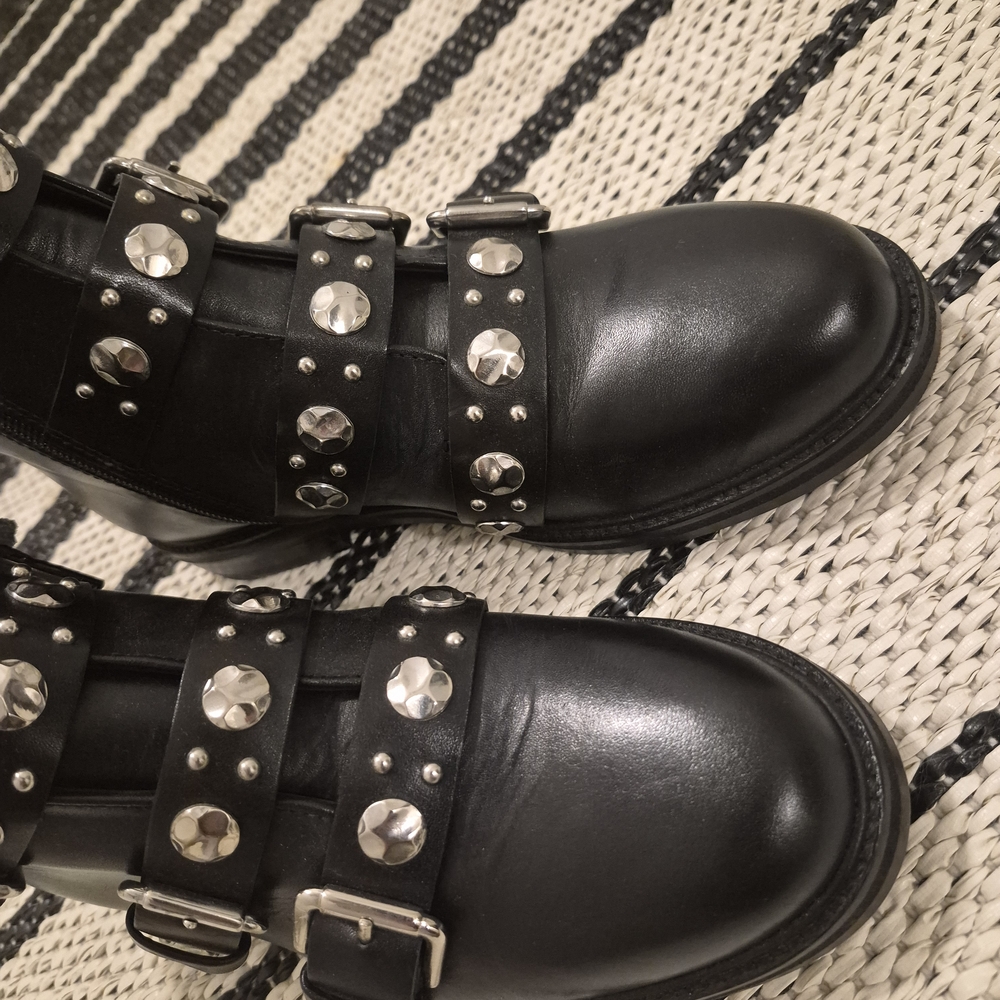Maje Black Leather Studded Buckle Ankle Boots